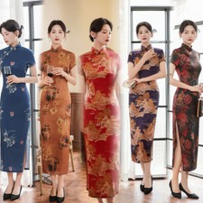 Women Spring Summer Qipao Dress Chinese Traditional Silk Cheongsam Party Gowns