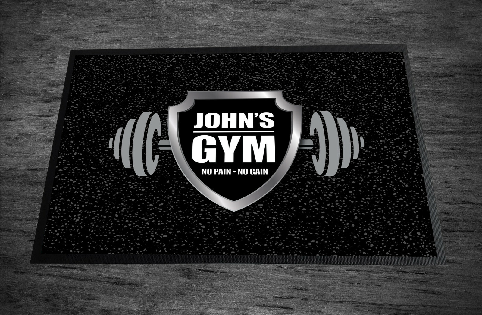 Personalised Gym Door Mat Black & Chrome Shield door mat 60 x 40 cm