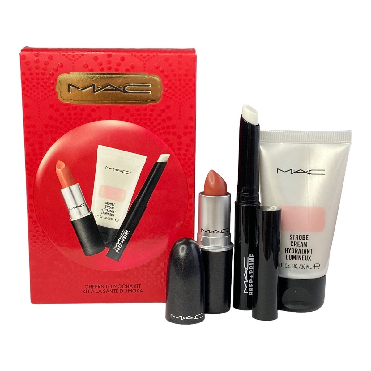 MAC Cheers To Mocha Kit Mocha Satin Lipstick, Strobe Cream, Prep +