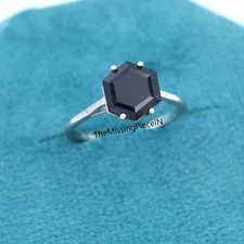 Natural Black Onyx Hexagon Cut Solitaire Ring Promise Ring Women's Ring Jewelry