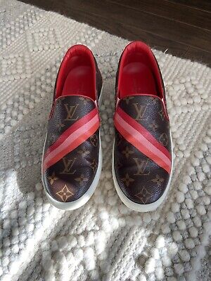 Size 8.5 Louis Vuitton Slip On Brown Monogram Sneakers With Red And Pink  Accent 