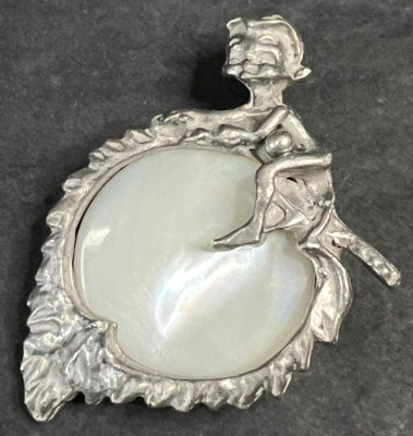 Vintage Brooch Elf on Leaf Mother of Pearl Circle Pin Jewelry Pixie