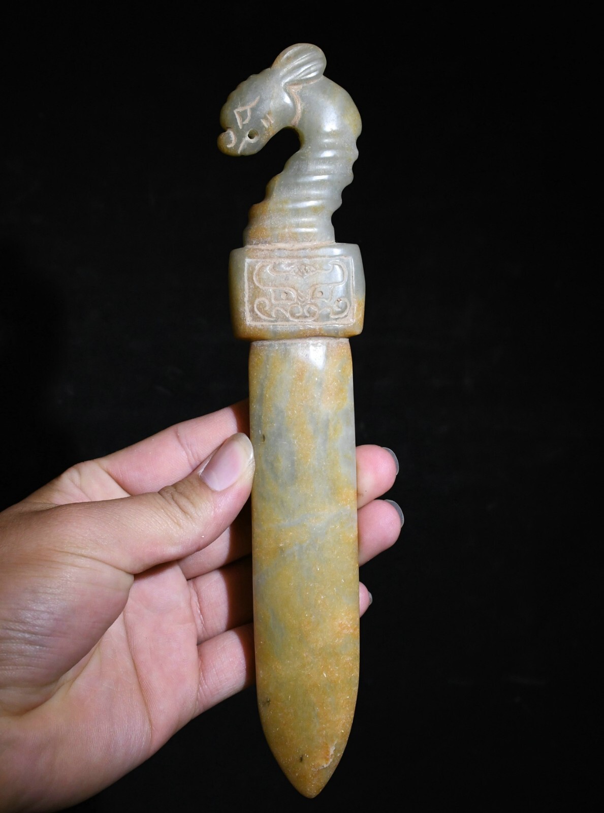 Old Chinese Natural Hetian Jade Carve Dragon Beast Head Weapon Knife Sword