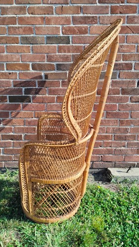 Matched Pair 60s Emmanuel Rattan Peacock Chairs 53" Wicker Tiki Throne/Fan Boho - Picture 20 of 23