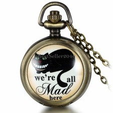 Black Cat 'We are All Mad Here' Case Quartz Pocket Watch Pendant Necklace Chain