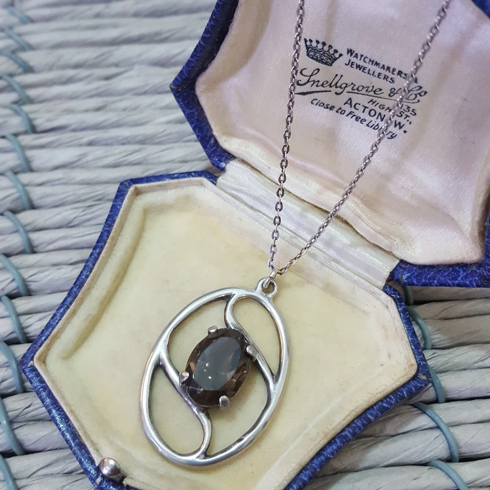 Collar vintage de plata de ley 925, colgante de cuarzo ahumado, Edimburgo 1976 Foto 4 de 4