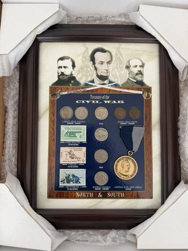 Civil War North & South Framed Coins, Stamps, and Medal Collection