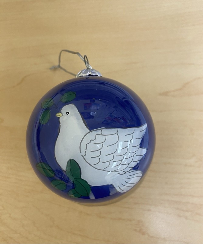 Christmas House Glass Hand Painted Ornament White Dove & Branches on Dark Blue