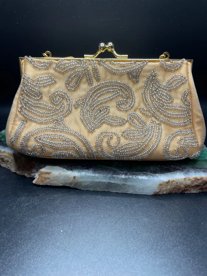 Vtg Valerie Stevens Silver Beaded Small Evening Bag Clutch Gold Chain Strap Tan - Image 3 of 4