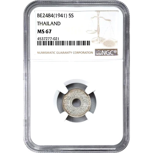 BE 2484 1941 Thailand 5 Satang, NGC MS 67,  KM-Y-55, Superb, Finest @ NGC