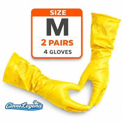 2 Pairs (4 Gloves) - Medium - Yellow Latex Household Cleaning Dishwashing Gloves