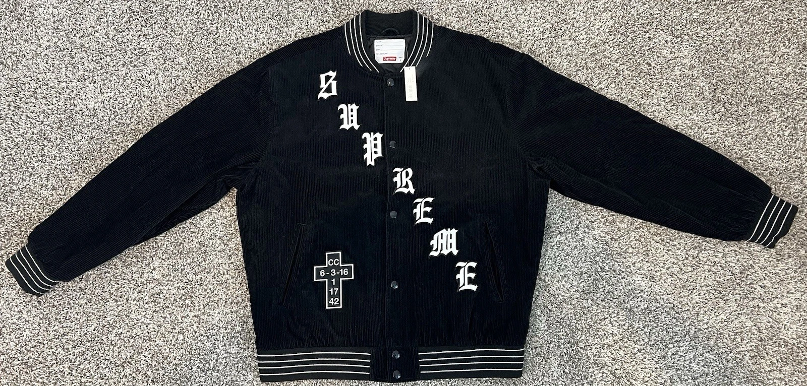 Veste universitaire Supreme ancienne anglaise velours côtelé noir taille L neuve avec étiquettes rare