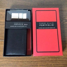 Perry Ellis Portfolio Black Leather Card Case Wallet & Silver Metal Money Clip