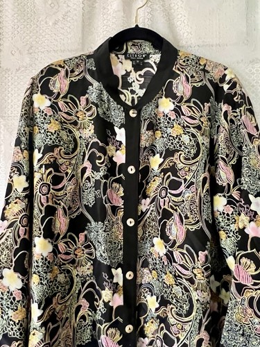 Citron Santa Monica 100% Silk Long Sleeve Button Down Floral Blouse Plus 1X