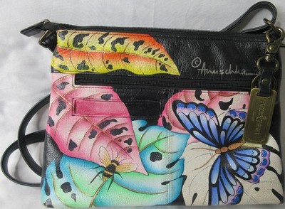 Anuschka Crossbody Shoulder Bag Purse Hand Painted Leather Butterfly Dragonfly