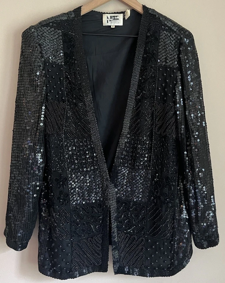 Blazer Chaqueta Vintage Lentejuelas Niteline Negro Pequeño 4 6 Cóctel Años 80 90 Foto 2 de 4