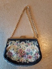 Vintage Floral Petit Point Purse Clutch Handbag Gold Clasp Frame Made In Germany