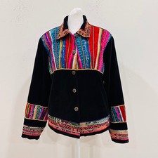 Coldwater Creek Black Jacket Womens S Multicolor Tapestry Button Front