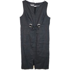 Vintage 90s Black LINEN Dress Belted Sleeveless Plus 16 Shift Summer Minimalist