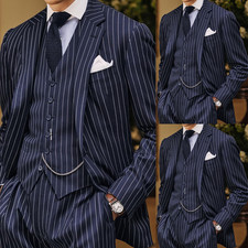 Gentle Men's Striped Suit Business Navy Blue 3Pcs Formal Offical Tuxedo Jacket