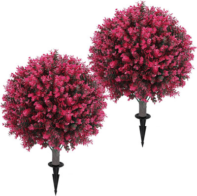 24'' Artificial Red Eucalyptus Topiary Ball Tree Set of 2 - UV Resistant