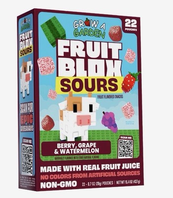 NEW! 22 PACKS! FRUITBLOX SOURS GROW A GARDEN SNACKS, BERRY, GRAPE, WATERMELON