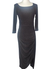 Elegant Black Shimmer Midi Dress with Ruched Side And Square Neckline. M