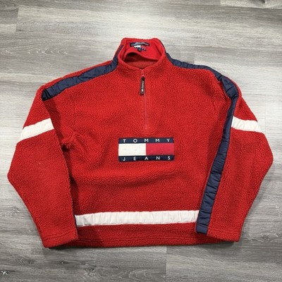 VTG 90s Tommy Hilfiger Sherpa 1/4 Pullover Sweatshirt L RED 50/50 Tommy Jeans