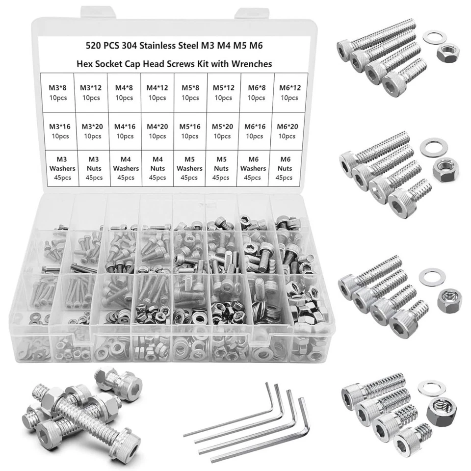 520 PCS Nuts and Bolts M3 M4 M5 M6 Hex Socket Head Cap Bolts Screws Nuts Washers