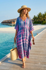 Pink Blue Tie Dye Kaftan Maxi Dress Rayon Boho Caftan Women’s Loungwear L-2X