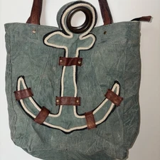 MONA B Distressed Canvas Tote Anchor’s Away Bag Leather Straps