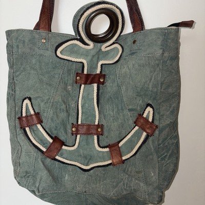MONA B Distressed Canvas Tote Anchor s Away Bag Leather Straps