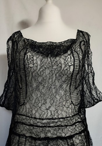 Antique Art Deco 1920s 1930s Gatsby Downton Black Lace Flapper Evening Dress - Picture 3 of 21