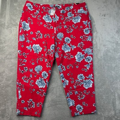 Roz & Ali Pants Women's 22W Red Plus Ankle Floral Cotton Blend Signature Fit NWT