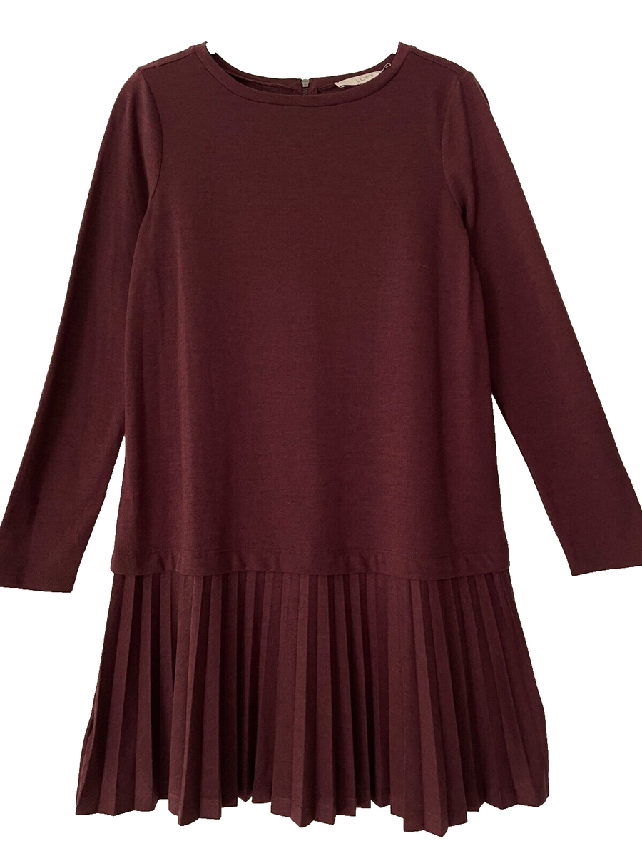 loft burgundy dress 🌸 size S SP NWT long sleeve accordion pleated skirt dressy pcat-210