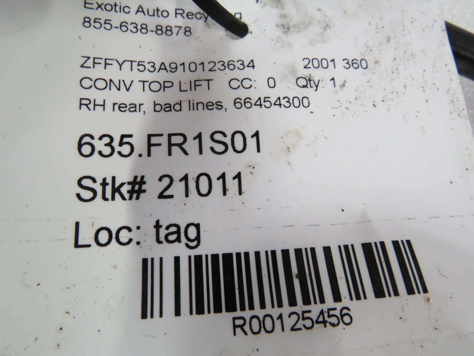 Ferrari 360, RH, Right, Rear Convertible Top Lift Cylinder, Used, P/N 66454300