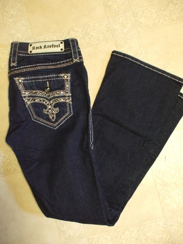 NEW Rock Revival Maggie Boot Back Flap Dark Blue Denim Jeans 31 X 33 w/o Tag