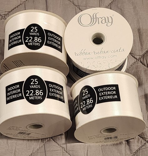 Offray White Ribbon 25 Yards Each Indoor Outdoor Fabric - New Lot of 4 Rolls