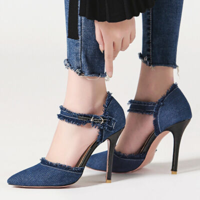 Women's Denim Ankle Strap Pointed Toe Slim High Heel Dress Pumps