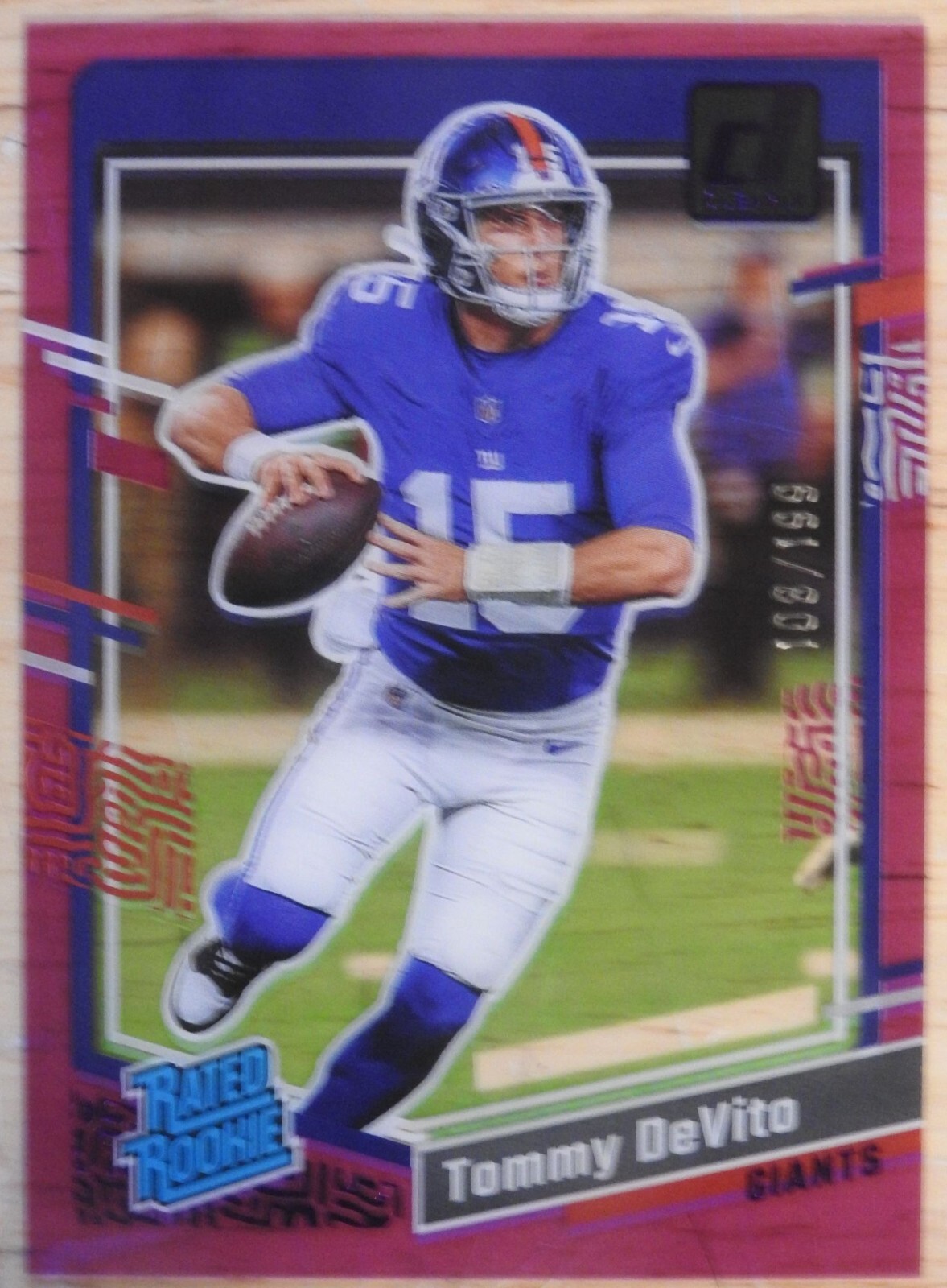 2023 Panini Clearly Donruss Rated Rookie Purple #97 Tommy DeVito #/199 (RC)