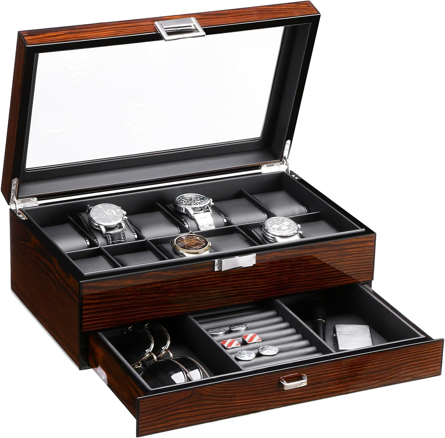 12 Watch Box with Valet Drawer, Luxury Watch Case,Watch Organizer for Mens Acces