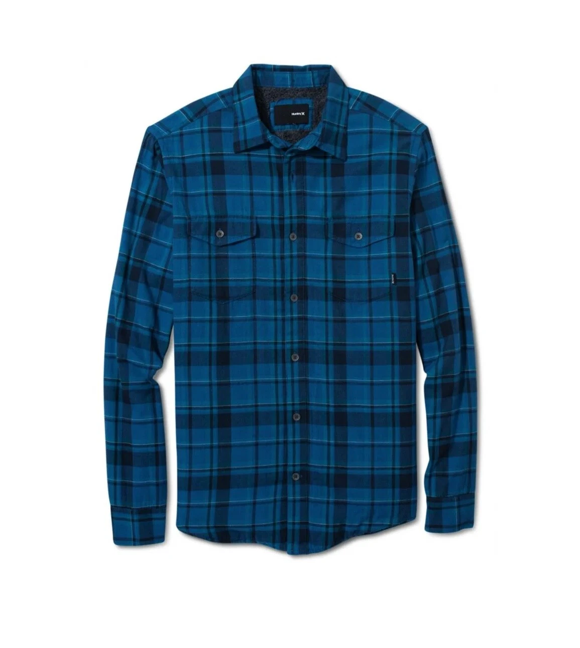 Hurley STAT L/S Blue Plaid Woven Warm Sherpa Lined Shirt Men's Flannel