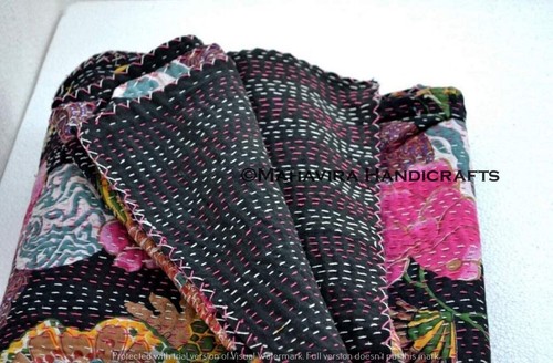 Fruit Print Pure Cotton Black Kantha Quilt Coverlet Boho Queen Size Bedspread - Picture 3 of 3