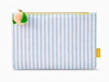    Ipsy Glam Bag MakeUp blue  white striped with peach-shaped pom-pom zipper   