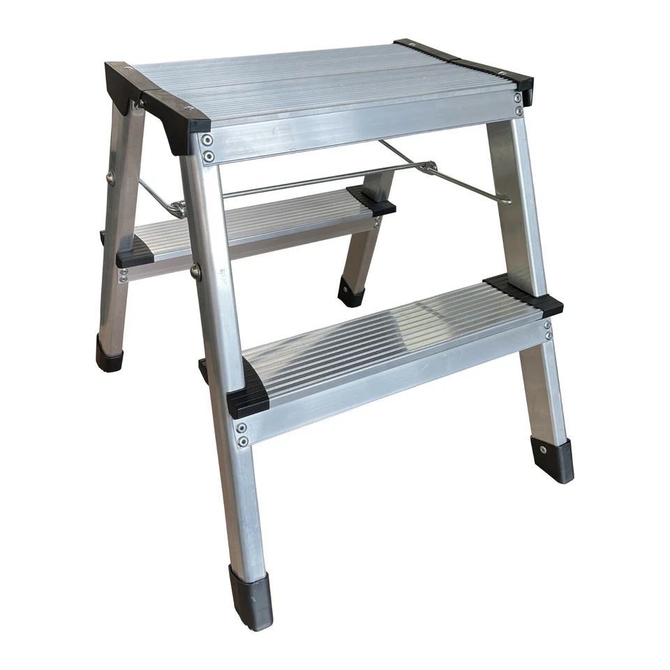 Double Folding Step Stool 2 Step Aluminium Ladder 150kgs Caravan Motorhome Home