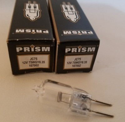 2x Prism JC75 12V 75W GY6.35 Bi-Pin Halogen Lamps Light Bulbs Clear T-4 107002
