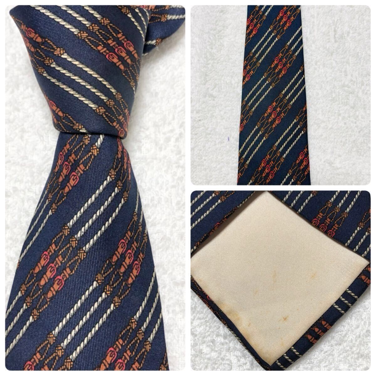 HERMES regimental stripe tie with belt and cord 100 silk made in France navy bus thumbnail 9