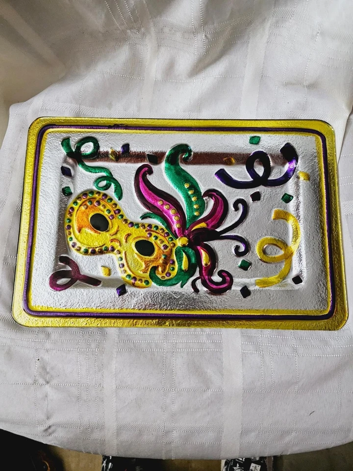 Mardi Gras Glass Platter Fleur de lis Reverse Metallic Painted 13.75”-3 Dinner - Image 2 of 4