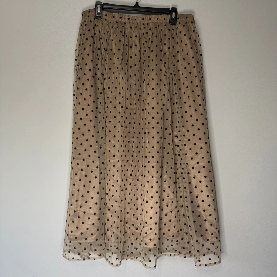 Falda midi Anne Klein de malla a lunares gris topo/negro femenina preppy L Foto 3 de 4