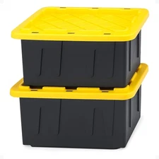 HOMZ 2-Pack Heavy Duty Plastic Storage Bins with Lids, 15 Gallon, Black/Yellow